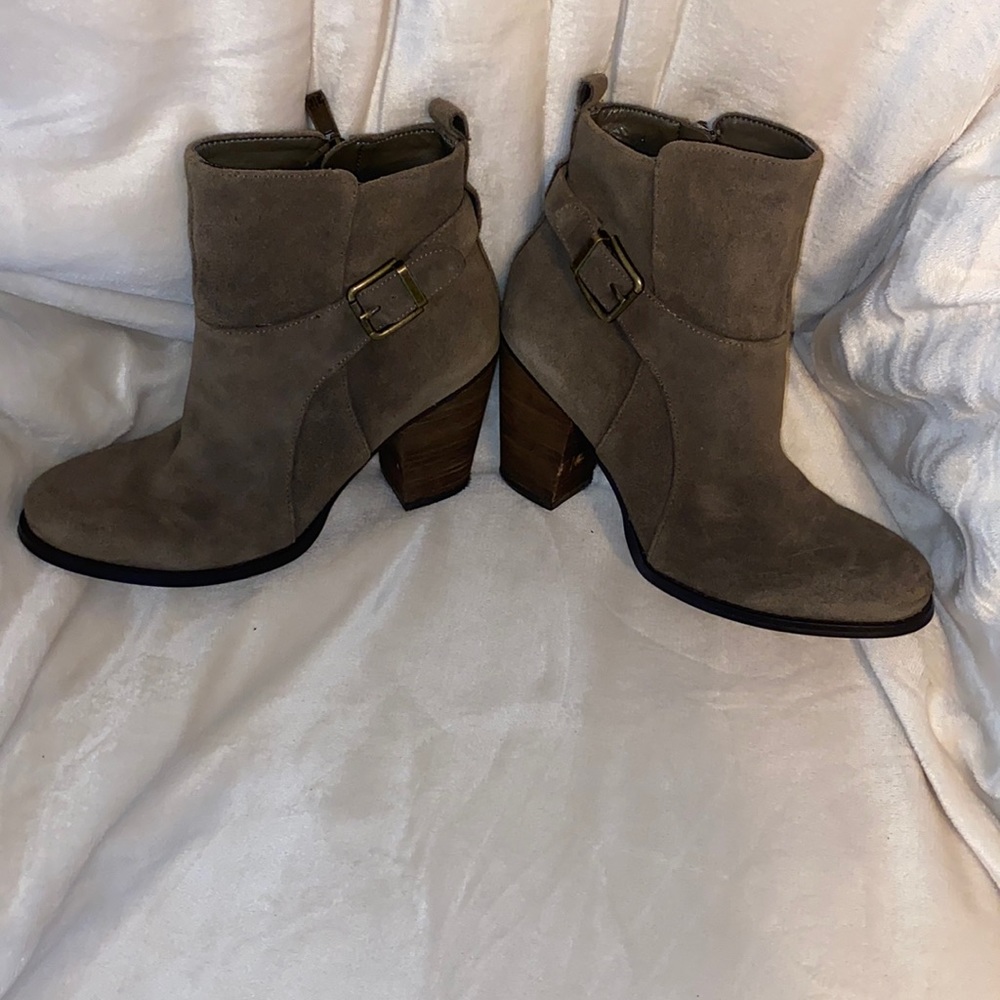 Worn suede IVANKA TRUMP booties with decorative buckle and side zipper size 7M